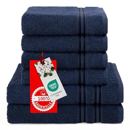 Hammetex 6 teiliges Handtuch Set, 100% Baumwolle Weich Saugstark Qualität Handtücher Set, 2 Badetücher 70x140 cm, 4 Handtücher 50x100 cm, Dunkelblau