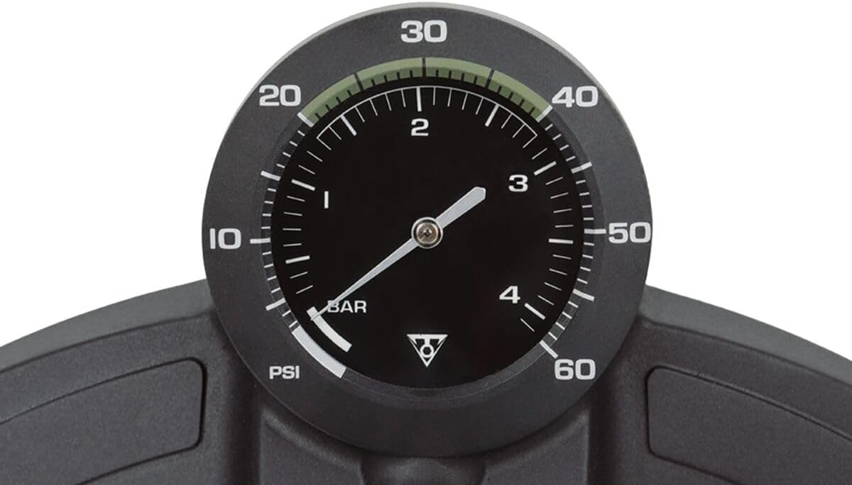 Topeak JoeBlow Mountain II Floor Pump – High-Volume Steel Barrel, TwinHead for Presta/Schrader/Dunlop Valves, 3.5” Analog Gauge, 60 PSI Max, Air Release Button, Ball/Bladder Adapters Included