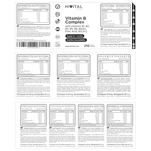 Vitamin-B-Komplex. 210 vegane Kapseln für eine 7-monatige Kur. Vitamin-B-Komplex mit B1, B2, B3, B5, B6, B12, Biotin, Folsäure und Vitamin C. Hergestellt von HIVITAL