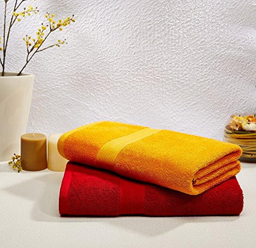 Image of Amazon Brand - Cotton 2 Piece Bath Towel Set, 500 GSM (Spanish Red and Sunshine Yellow) & Amazon Brand - Premium Anti-Slip Microfibre Bathmat - 60cm x 40cm, Light Taupe and Steel Grey, Pack of 2