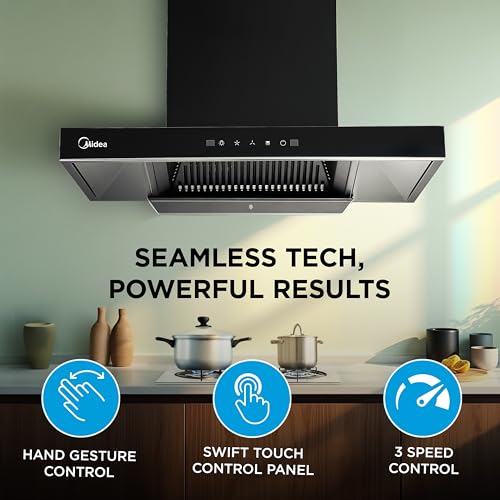 Image of Midea 75 cm 1400 m3 /hr Filter-less, Autoclean, Motion Sensor, T Shape kitchen Chimney with 2 Yrs Product and 10 Yrs Motor Warranty, Free Installation Kit (Falcon Auto Clean), Black