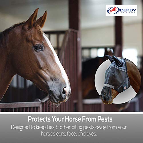 Derby Originals Reflective Safety Horse Fly Mask With Ears And Nose Cover Fringes #TOP2