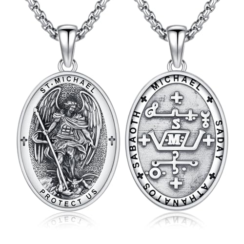 Hagkew Saint Michael Sigil Necklace 925 Sterling Silver Archangel Michael Medal Pendant Necklaces Religious Amulet Patron Saint of Police Catholic Jewelry for Men Women