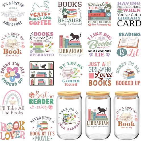 Azhieni UV DTF Cup Wrap, 20 Sheets Book Lover UV DTF Cup Wraps for 16 oz Glass Coffee Cups, Bookish UVDTF Decals Transfers Stickers for Books, Water Bottles, Laptops, DIY Crafts