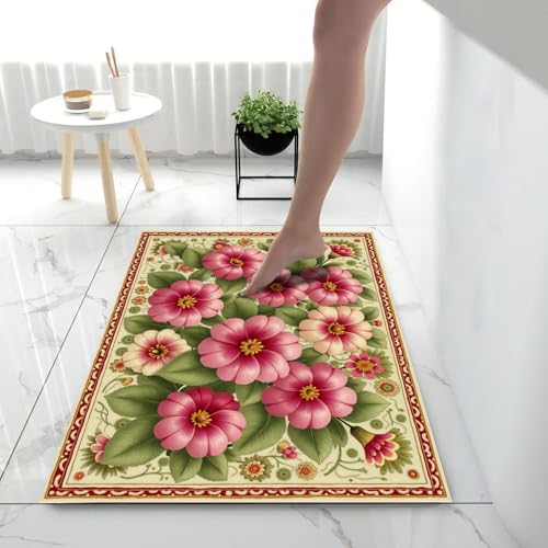 Tapis entrée antidérapant absorbant fleurs d'Inde rose vert