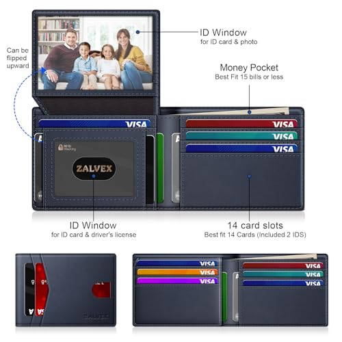 Image of Wallet for Men Slim RFID Blocking Leather Credit Card Holder Wallet for 14 Cards, Bifold Minimalist Thin Wallet with 2 ID Windows & Cash Slot, Front Pockt Carteras Para Hombres, Birthday Gifts for Men