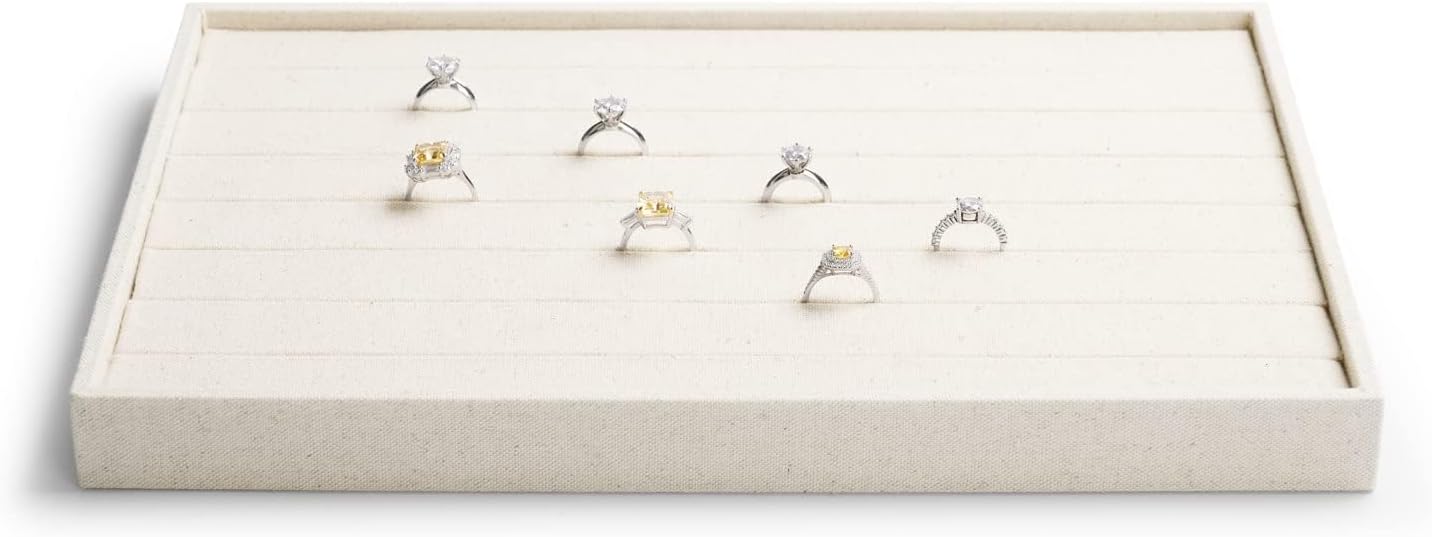 7-Slot Linen Jewelry Display Tray – Elegant Organizer for Rings, Earrings, Studs | Compact Storage & Decorative Showcase for Jewelry Accessories (White)