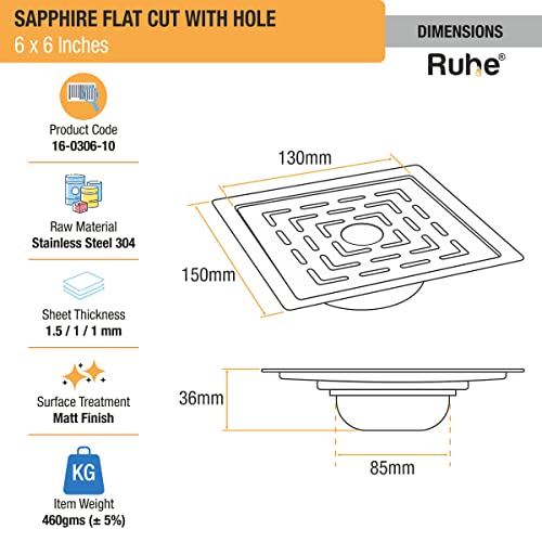 Image of Ruhe Sapphire Square Flat Cut Floor Drain | 304-Grade Stainless Steel Floor Drainer with Hole & Cockroach Trap (6 x 6 Inches) | Floor Drainer for Bathroom, Balcony