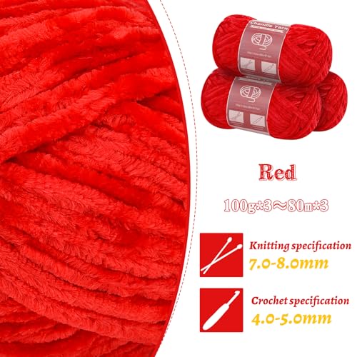 Image of LUNARM Chenille Yarn for Crocheting Knitting, 3 Pack of 100g /3.5oz Velvet Yarn Thick Soft Chunky Fluffy Weaving Plush for Blankets Clothes Pattern Creations 263 Yard with Big Eye Needles (Red)