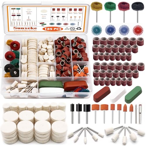 Sunxeke 185Pcs Polishing Buffing Wheel Kit Felt Wool Pad Set Rotary Accessories with Sanding Drum Polishing Compound Grinding Head 1/8 Shank for Jewelry Metal Polishing Compatible with Dremel