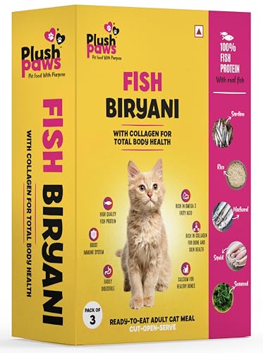Plushpaws Fish Biryani Cat Food 300gm Pack of 1 | High Protein with Added Collagen | Supports Skin, Coat & Joints | Human Grade Natural Ingredients | for Adult Cats & Kittens | Preservative Free