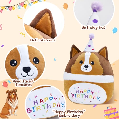 Houwsbaby 12" Happy Birthday Dog Plush Pillow with Party Hat, Creative Brown Collie Stuffed Animal, Soft and Cute Happy Birthday Plush Toy for Kids and Adults by Houwsbaby - Used condition - Image 4
