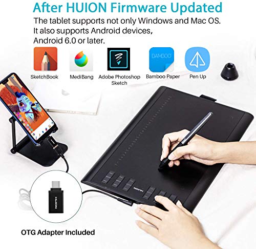 Tablet de desenho gráfico Huion Inspiroy H1060P com resposta de inclinação Stylus sem bateria e sens