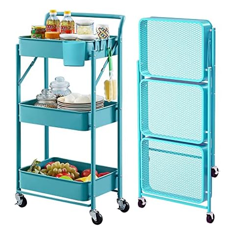 Foldable Storage Cart 3 Tier Rolling Cart with Wheels No Assemble Required Metal Utility Kitchen Cart Folding Shelves for Storage and Organizer for Classroom, Bedroom Cover