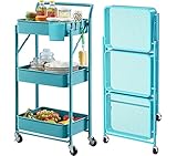 Foldable Utility Rolling Cart with Wheels No Assembly 3 Tier Metal Rolling Cart with Cup and Hooks Heavy Duty Mesh Storage Baskets Rack Folding Shelves for Kitchen,Office,Classroom, Bathroom(Teal)