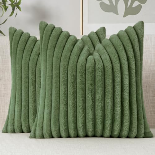 Image of MIULEE Faux Fur Decorative Throw Pillow Covers 18x18 Set of 2 Moss Green | Modern Spring Home Decor Soft Plush Couch Pillows Cozy Fluffy Cushion Covers for Sofa Bed Living Room