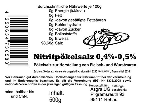 Birsppy Nitritpökelsalz 0,4-0,5% - Pökelsalz zur Herstellung von Fleisch- und Wurstwaren - E250 - im Beutel mit praktischem Zip-Verschluß - von Asgra (500g)