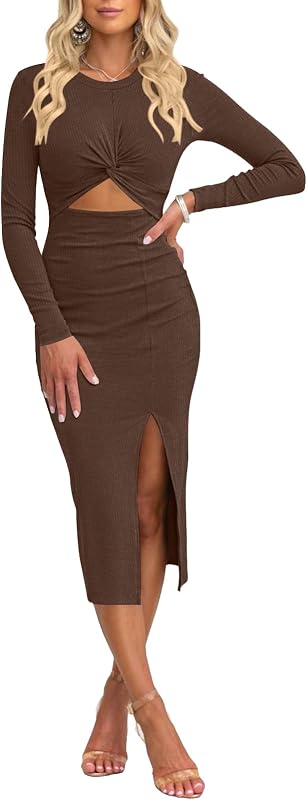 Women Casual Long Sleeve Cutout Twist Front Side Slit Ribbed Knit Party Bodycon Midi Dresses