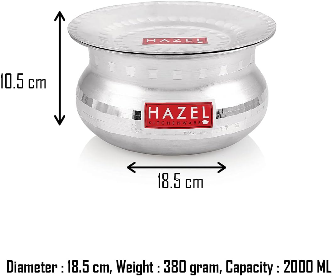 HAZEL Biryani Pot| Aluminium Biryani Handi Set, 2000 ML| Premium Aluminium Hammered Finish Tope, Patila Handi | Multipurpose Aluminium Cooking Utensils for Kitchen Silver