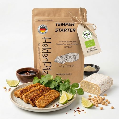 HeldenPilz BIO Tempeh Starter Kultur (15g) Tempeh selber machen mit Rhizopus Oligosporus | Bis zu 15kg Tempeh | Pflanzliches Protein | Starter mit Anleitung