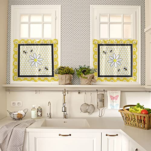 Tier Curtains For Windows Daisy Flower Rod Pocket Kitchen Curtains Bee Yellow Honeycomb Polka Dot 2 Panels Tiers Window Treatment Short Curtains For Small Window, 27.5X36In #TOP1