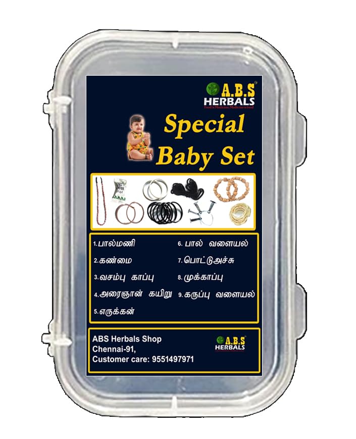 ABS HERBALS New Born Baby Set/Special Baby Set/Baby Set/Urai Marunthu Set/Vasambu Kappu/Pottu Aachu/Paal Mani/Paladai/Born Babyset (Pack Of 10Items),White-picture-13