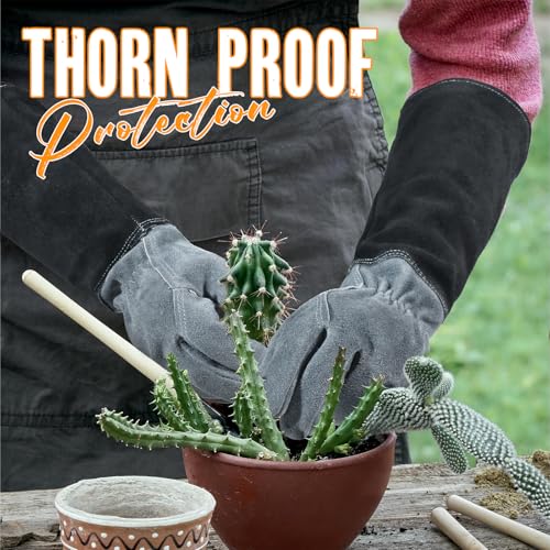 image for HANDLANDY Long Gardening Gloves for Men & Women, Cowhide Leather Rose 