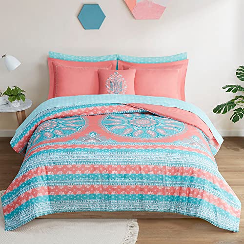 Degree of Comfort Full Size Complete Comforter Sets, Boho Mandala Bed in A Bag ,Microfiber Bedding Set with Side Pockets, Matching Decorative Pillow, 8 Piece Coral
