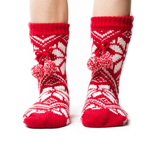 Field4U Women's Knit Stockings Thick Plush Slipper Socks With Non-Skid Soles Sizes 6-10 Red #TOP3