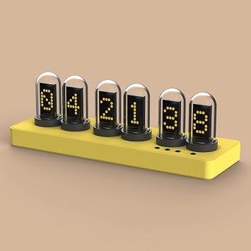 Adventurers Nixie Tube Clock,Desk Clock,Cellphone Control,RGB Backlight, Personalised Digital dials,Tube Clock for Gaming Room & Office Decor Yellow