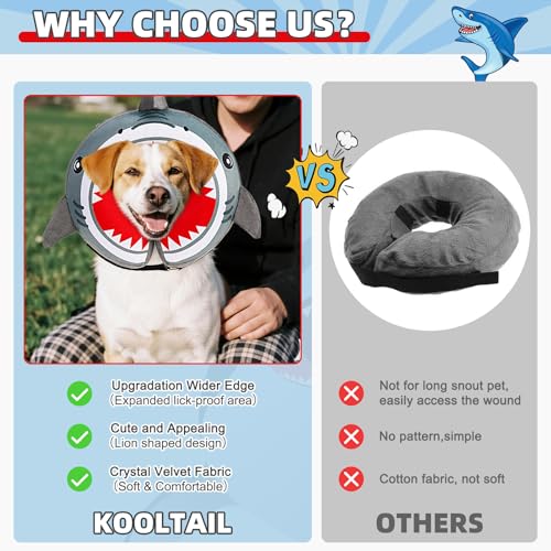 Image of KOOLTAIL Inflatable Dog Cone Collar, Soft Donut E Collar for Dogs After Surgery to Stop Licking Enhanced Alternative, Blow Up Pet Neck Pillow Recovery Adjustable Cone for Dog Cat, Upgrade Size,Shark M