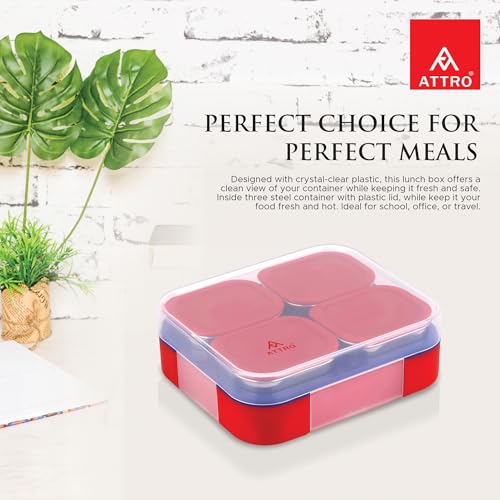 Image of ATTRO Admire-4 Insulated Lunch Box | 4 Removable Stainless Steel Containers with Lids | BPA-Free, Food Grade, Leak-Proof| Ideal for School, Office & Outdoor Use| 800ml, Cherry Red