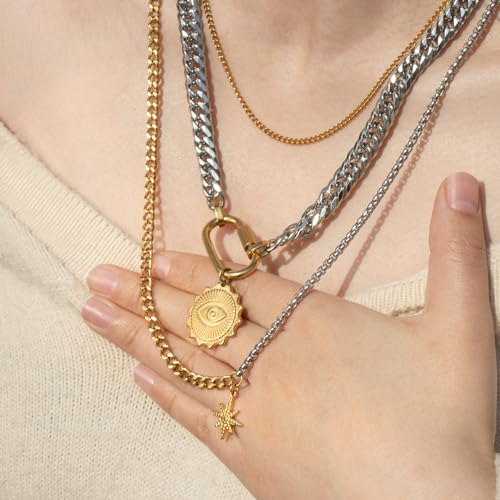 Gold Silver Layered Necklaces for Women 3 Set,Chunky Two Tone Necklace Evil Eye Pendant Paperclip Cuban Link Stacked Chain Trendy Statement Jewelry Gift Women Men3