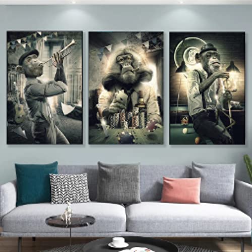 Art mural de qualité sur toile : triptyque de peinture moderne singe graffiti 30x45