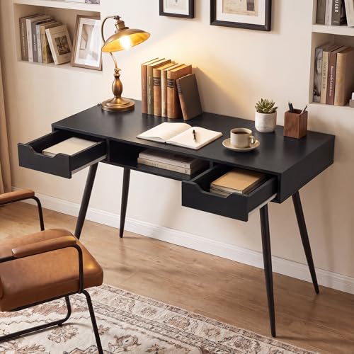 Image of Tangkula Mid Century Modern Computer Desk, Writing Desk with 2 Drawers & Open Center Storage, Small Wooden Study Table for Home Office & Compact Spaces (Black)