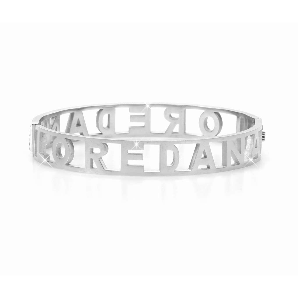 Flowers Bracciale Rigido Acciaio con Nome Vari e Zirconcini Sacchettino in tessuto Scritta nome ricoperta di strass Brillantissimi Bracciale a Manetta Donna Chiusura a molla Idea Regalo