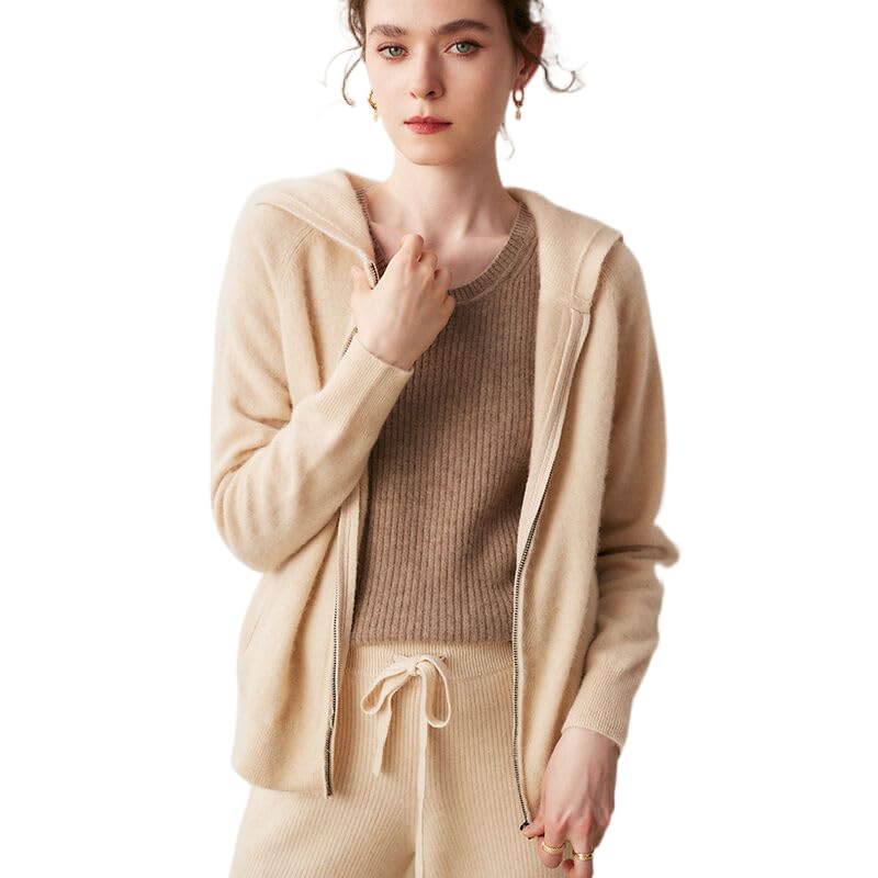 Women's Fall and Winter 100% Cashmere Zipper Open Long Sleeve Hoodie