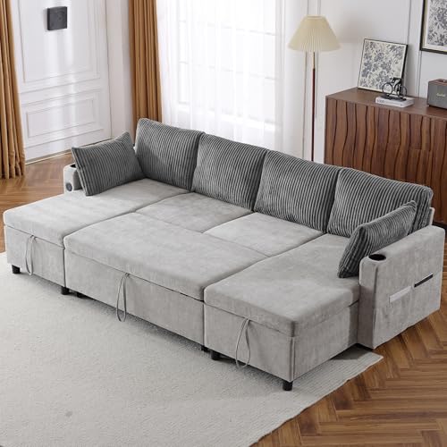 Image of ERYE U-Shaped Pull Out Sleeper Couch Bed Symmetrical Sleeper Sectional Sofa Convertible Sofabed with Storage Chaises for Living Room