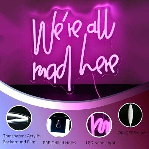 SIGNSHIP Neon Sign We’re All Mad Here Dimmable LED Pink Letter Neon Lights Sign for Home Bar Man Cave Beer Cafe Bistro Club Party Decor Girl Gift - Image 4