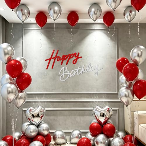 Image of TONIFUL Happy Birthday Sign for Backdrop - Glitter Red Silver Felt Banner - Includes Dot Glue - Perfect for Birthday Party Backdrop,Wall Decr,Balloon Arch,Photo Background