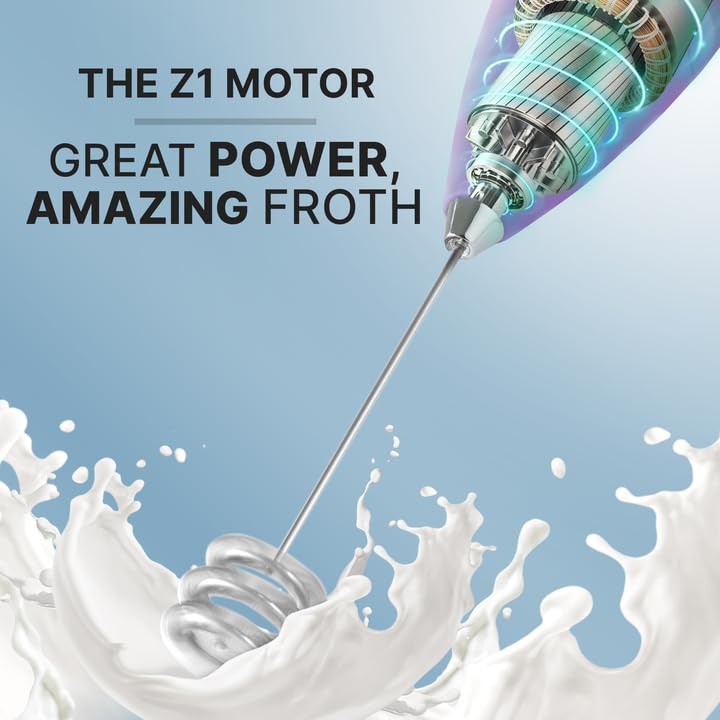 Image of Zulay Powerful Milk Frother for Coffee with Upgraded Titanium Motor - Handheld Electric Whisk, Milk Foamer, Mini Mixer & Coffee Blender for Frappe, Latte, Matcha, No Stand - Purple & Black