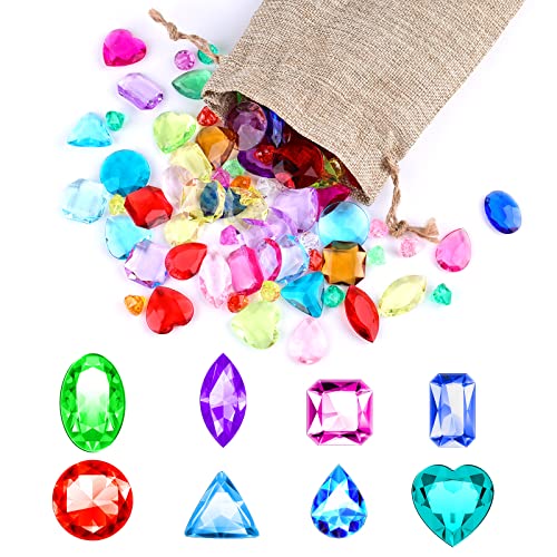 SAVITA 120 Pièces Gemmes de Diamant Acrylique, Trésor de Pirates Gemmes Colorées dos Plat Pierre Précieuse Plastique avec Sacs en Toile de Jute pour (8 Formes Plus Petite Forme de Diamant) Cover