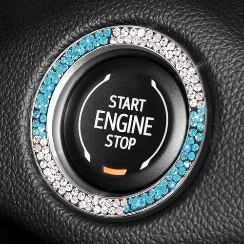 Image of ToBeQueen Teal Bling Push Start Button Cover Emblem Sticker, Crystal Diamond Rhinestone Blue Engine Start Ring Car Decor, White and Teal Bling Car Accessories for Women,Lake Blue