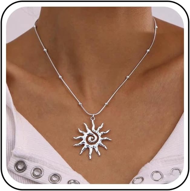 Boho Large Sunburst Necklace Choker Gold Spiral Sun Pendant Necklace Small Satellite Beaded Snake Chain Necklaces Swirl Celestial Sunshine Sunflower Necklaces Jewelry for Women