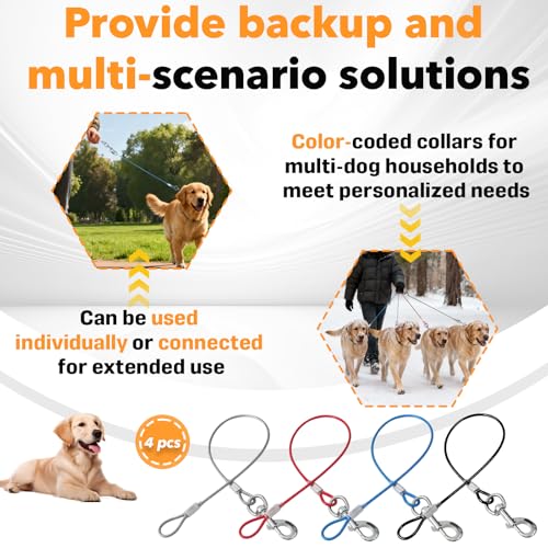 4 Pack Chew Proof Dog Leash Extension, 26in Metal Cable Lead with 360° Swivel, Dog Leash Extension for Small Medium Dogs (Red,Blue,Black,Silver) - Thumbnail 7