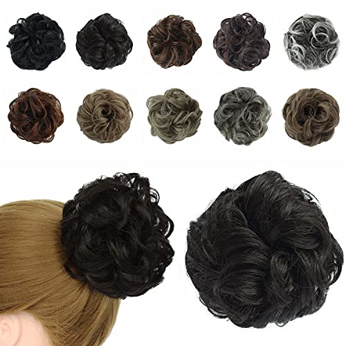 Generic Messy Hair Bun Scrunchies Wavy Curly Synthetic Hair Extensions Donut Chigons Updo Hairpieces (Darkest Brown Tend to Black, 4)