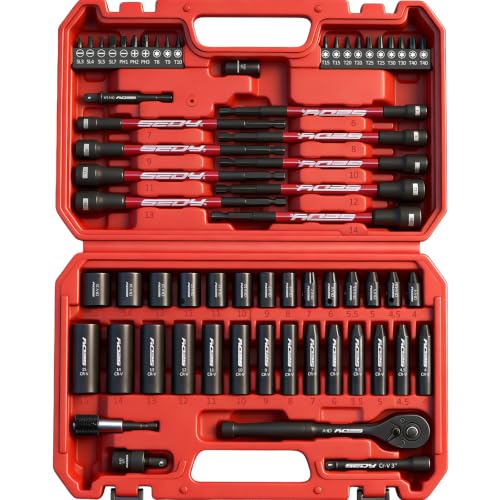 SEDY 63-piece 1/4" drive socket and nut driver set — showing the magnetic nut drivers alongside deep and shallow sockets