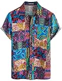 PARKLEES Men's Linen 70s Hippie Style Floral Print Shirt Short Sleeve Button Down Hawaiian Shirts Blue Pink X-Large