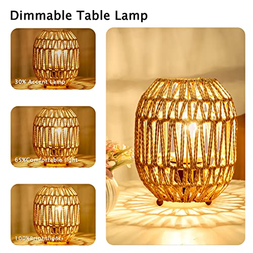 Capslpad Rustic Boho Rattan Table Lamp Dimmable Handmade Woven Small Desk Lamp Natural Decorative Bedside Lamp Farmhouse Nightstand Lamp For Bedroom,Living Room,Kids Room,Home Office,Boho Room Decor #TOP1
