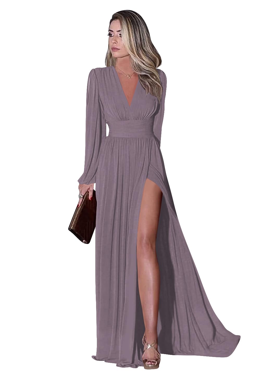 Miao Duo Women's Long Sleeve Prom Dress with Pockets V Neck Split Formal Evening Gowns YZTS019